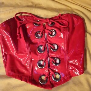 Red Lace-Up Vinyl Corset XS